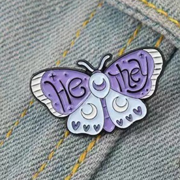 HE/THEY Enamel Pin Gender Fluid Nonbinary Masculine Pronouns Butterfly Badge - Picture 2 of 8